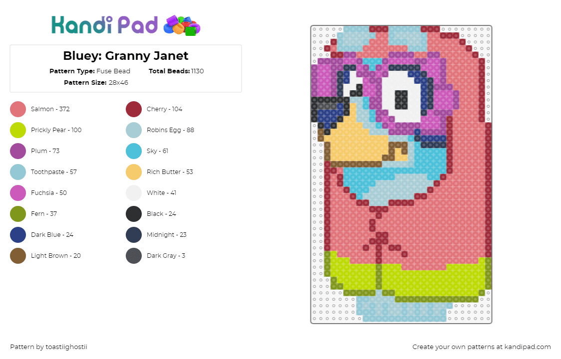 Bluey: Granny Janet - Fuse Bead Pattern by toastiighostii on Kandi Pad - granny janet,bluey,character,cartoon,children,tv show,pink,light blue