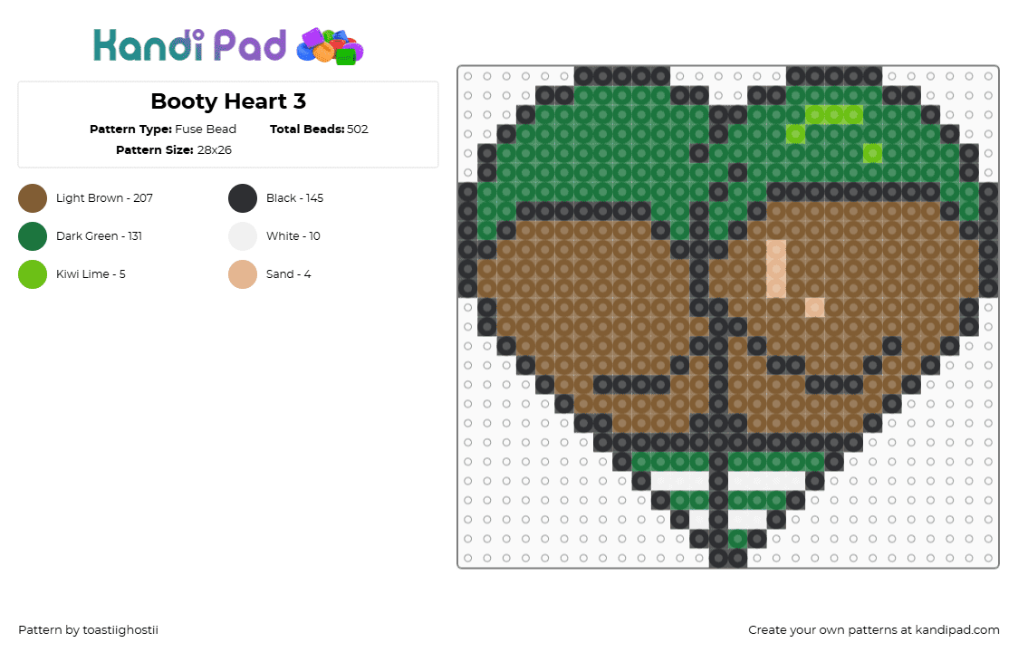 Booty Heart 3 - Fuse Bead Pattern by toastiighostii on Kandi Pad - tan,green