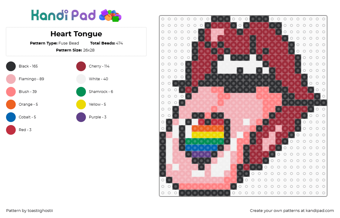 Heart Tongue - Fuse Bead Pattern by toastiighostii on Kandi Pad - tongue,mouth,heart,acid,lsd,trippy,lips,red,pink