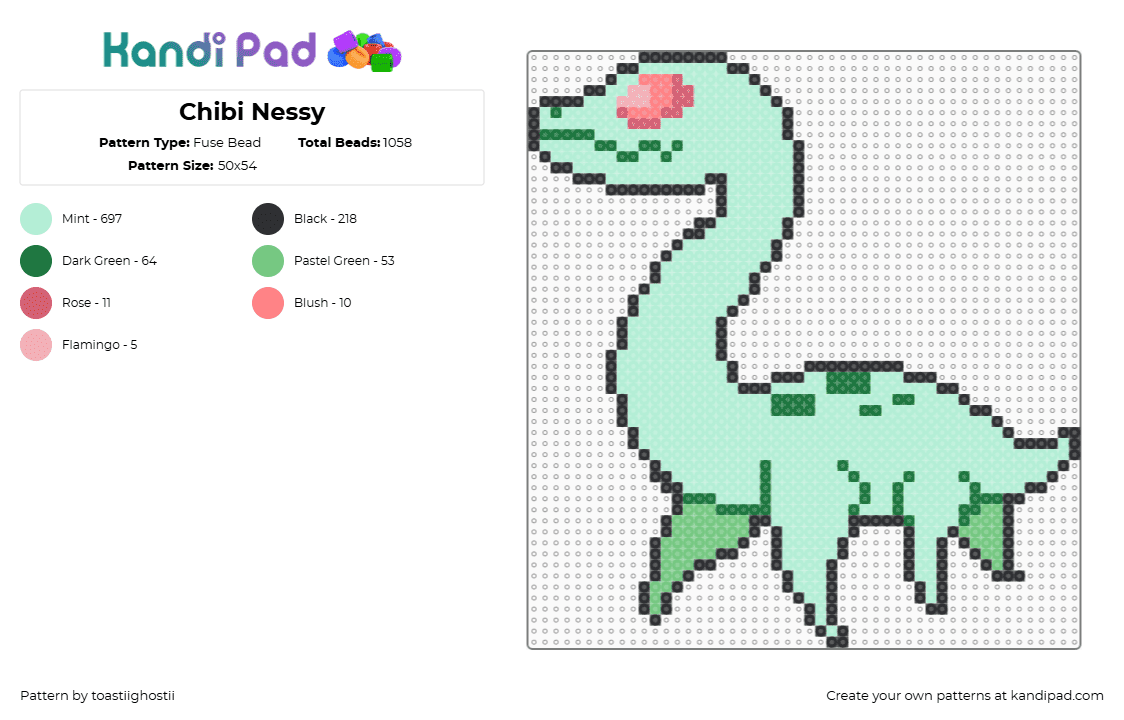 Chibi Nessy - Fuse Bead Pattern by toastiighostii on Kandi Pad - nessy,loch ness monster,mythological,chibi,creature,green