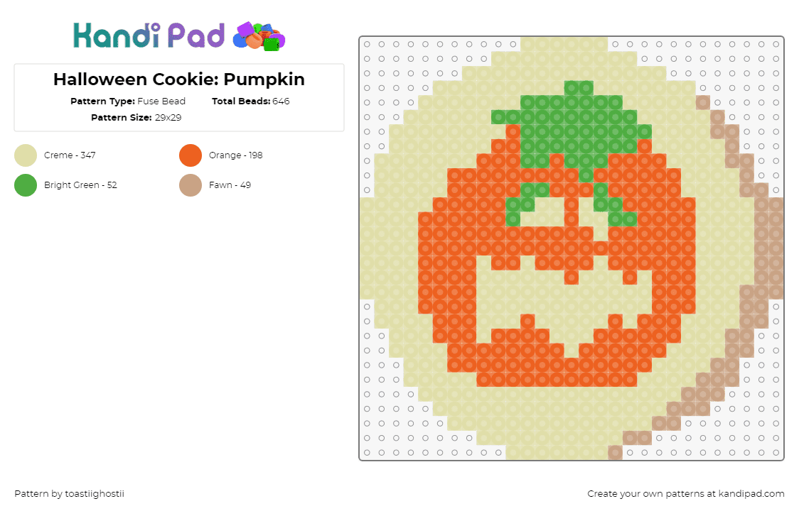 Halloween Cookie: Pumpkin - Fuse Bead Pattern by toastiighostii on Kandi Pad - cookie,pumpkin,jackolantern,halloween,dessert,spooky,food,beige,orange,green