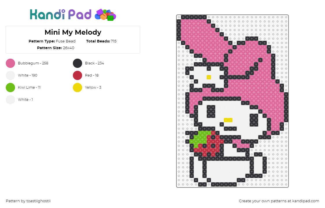 Mini My Melody - Fuse Bead Pattern by toastiighostii on Kandi Pad - my melody,sanrio,strawberry,character,cute,kawaii,smile,white,pink