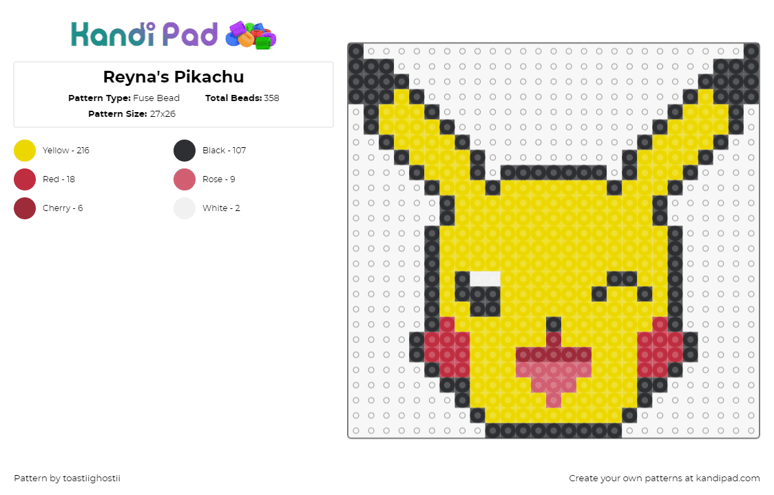 Reyna\'s Pikachu - Fuse Bead Pattern by toastiighostii on Kandi Pad - pikachu,pokemon,character,wink,cute,gaming,head,yellow