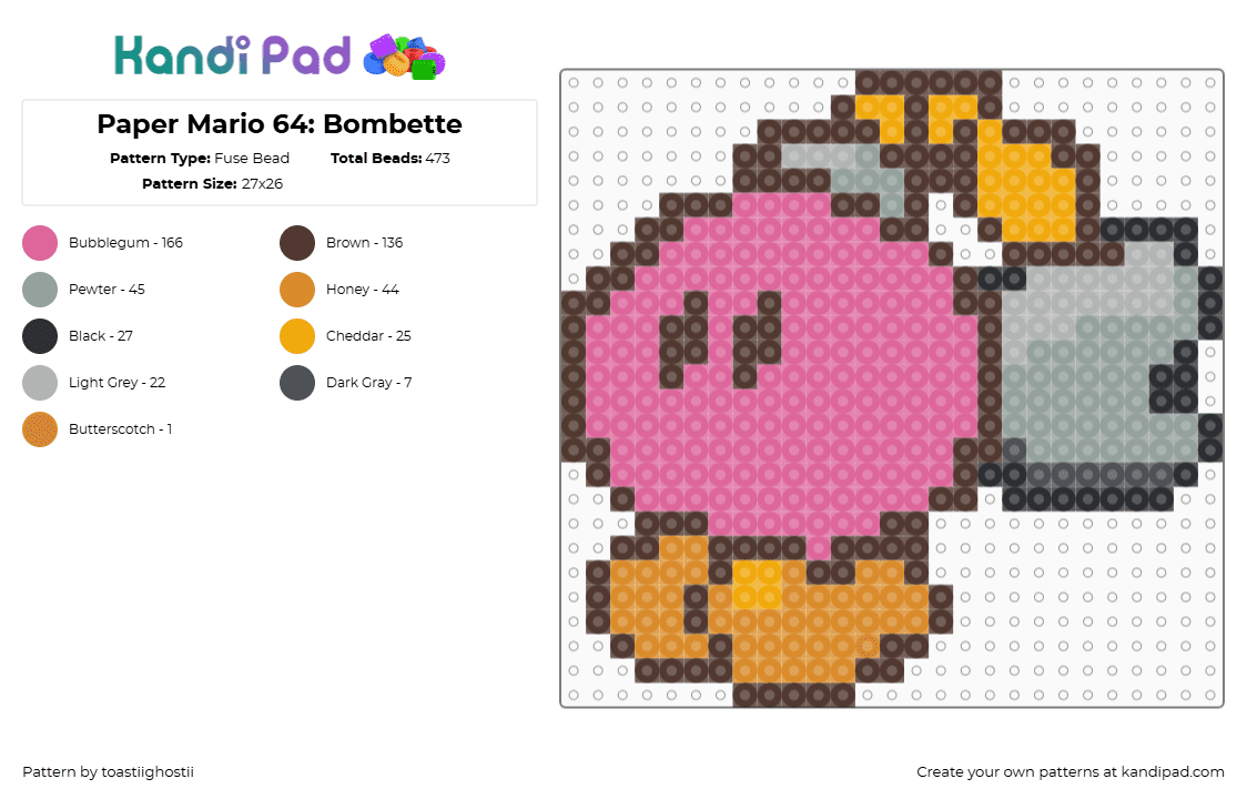 Paper Mario 64: Bombette - Fuse Bead Pattern by toastiighostii on Kandi Pad - bombette,mario,nintendo,character,video game,pink,orange,gray