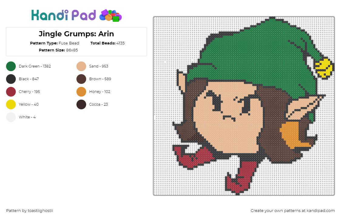 Jingle Grumps: Arin - Fuse Bead Pattern by toastiighostii on Kandi Pad - arin,elf,game grumps,christmas,youtube,character,costume,tan,brown,green