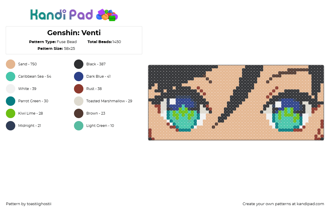 Genshin: Venti - Fuse Bead Pattern by toastiighostii on Kandi Pad - venti,genshin impact,eyes,video game,panel,tan,black,teal