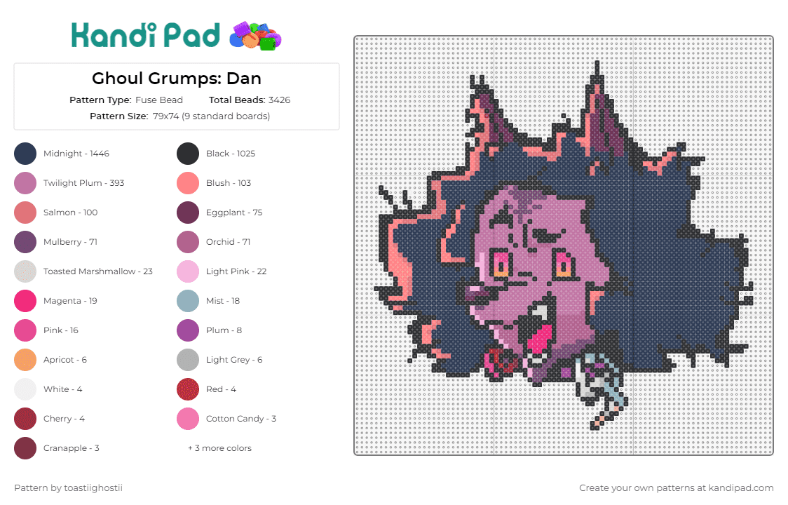Ghoul Grumps: Dan - Fuse Bead Pattern by toastiighostii on Kandi Pad - game grumps,dan,halloween,quirky,spooky,spirited,ghostly,playful,pink,purple