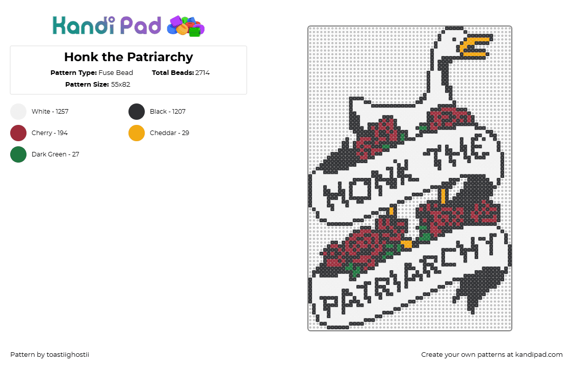 Honk the Patriarchy - Fuse Bead Pattern by toastiighostii on Kandi Pad - goose,honk,patriarchy,roses,sign,banner,ribbon,text,white,red,black