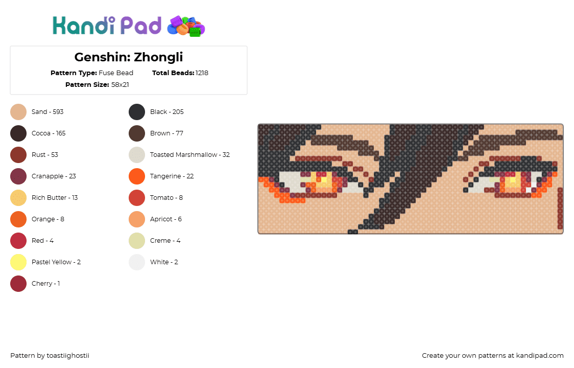 Genshin: Zhongli - Fuse Bead Pattern by toastiighostii on Kandi Pad - zhongli,genshin impact,eyes,video game,panel,tan,brown,orange