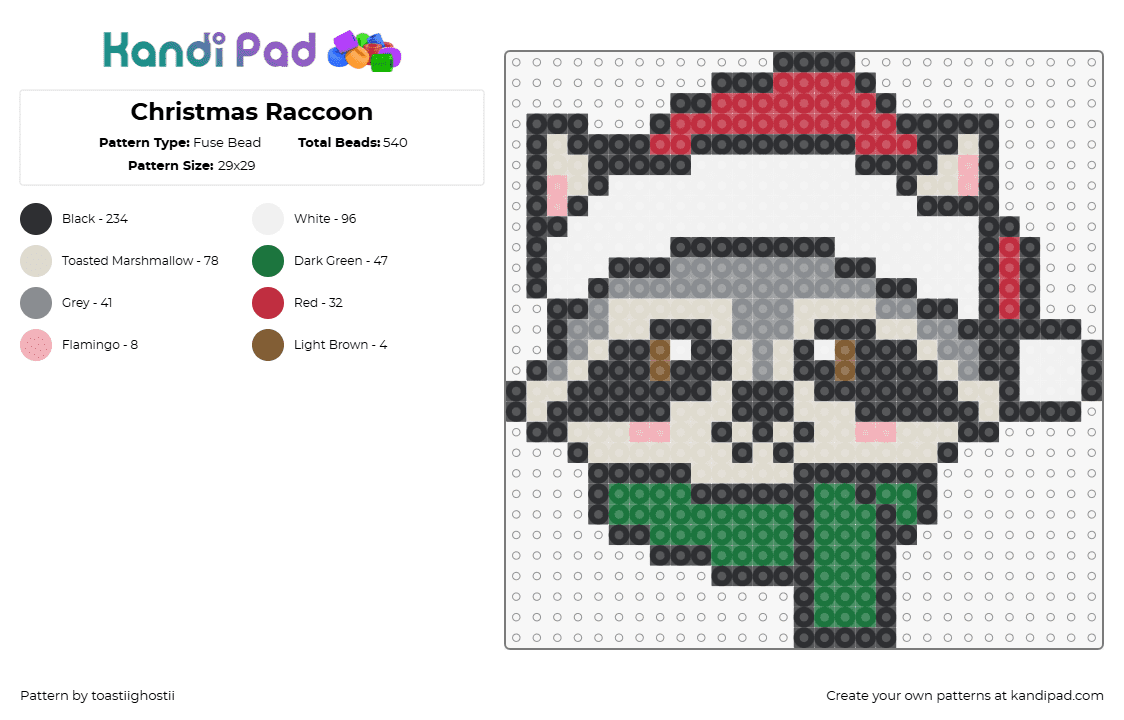 Christmas Raccoon - Fuse Bead Pattern by toastiighostii on Kandi Pad - raccoon,christmas,cute,animal,festive,holiday,head,scarf,hat,gray,green,red