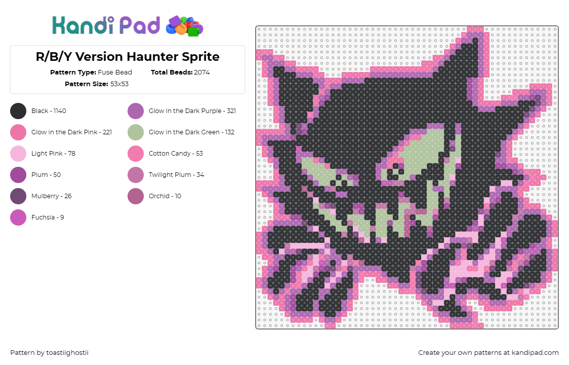 R/B/Y Version Haunter Sprite - Fuse Bead Pattern by toastiighostii on Kandi Pad - haunter,pokemon,classic,gaming,nostalgia,eerie,spectral,gamer,collector,pink,bla