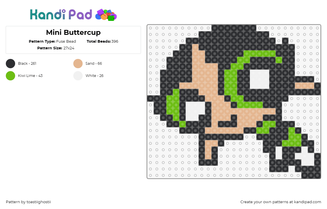 Mini Buttercup - Fuse Bead Pattern by toastiighostii on Kandi Pad - buttercup,powerpuff girls,character,cartoon,superhero,tough,animated,black,green