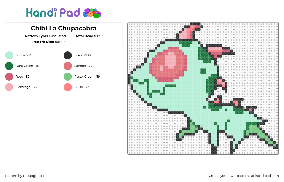 Chibi La Chupacabra - Fuse Bead Pattern by toastiighostii on Kandi Pad - chupacabra,mythological,chibi,cute,creature,monster,green,pink