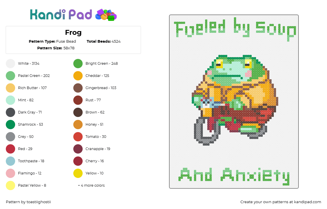 Frog - Fuse Bead Pattern by toastiighostii on Kandi Pad - frog,bike,soup,anxiety,text,sign,silly,green,orange