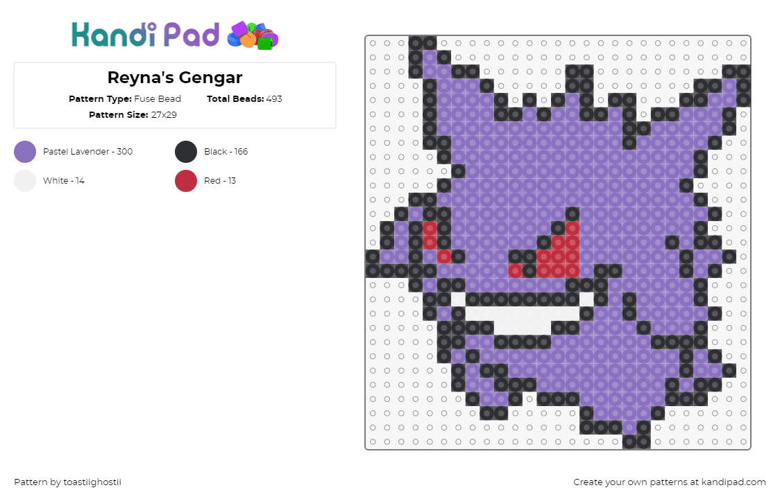 Reyna\'s Gengar - Fuse Bead Pattern by toastiighostii on Kandi Pad - gengar,pokemon,character,gaming,evolution,purple