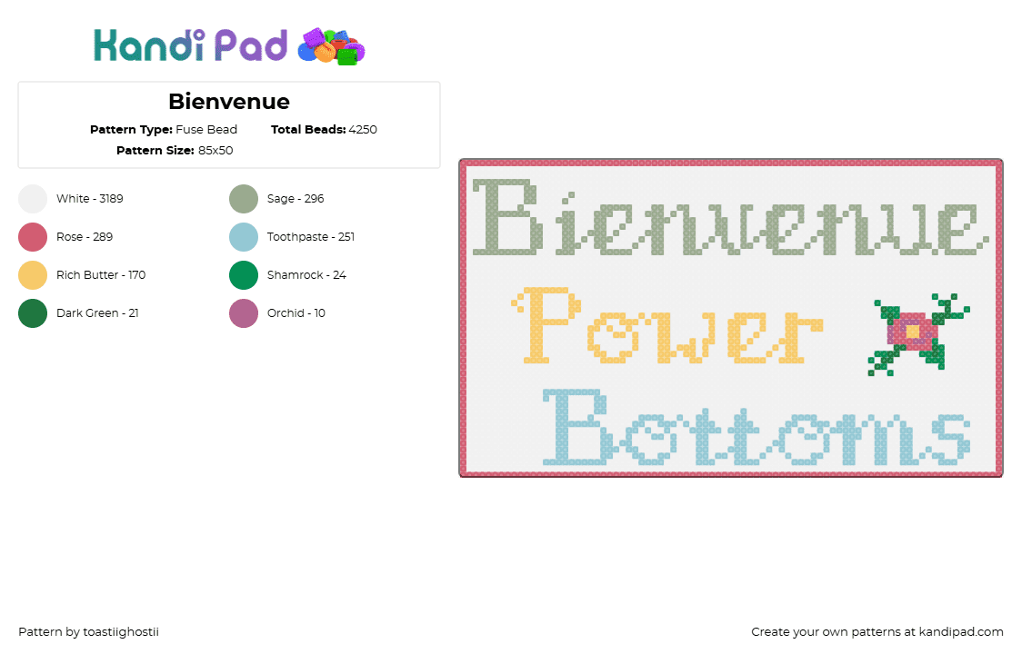 Bienvenue - Fuse Bead Pattern by toastiighostii on Kandi Pad - bienvenue,power bottoms,sign,text,cursive,vine,sign,panel,pride,green