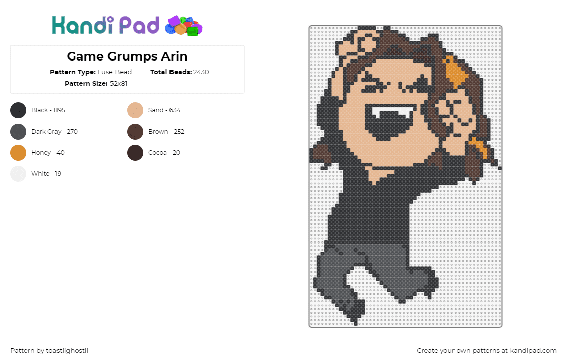 Game Grumps Arin - Fuse Bead Pattern by toastiighostii on Kandi Pad - arin,game grumps,youtube,character,tan,black,gray