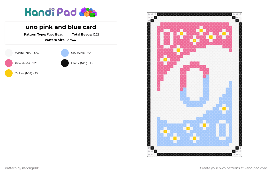 uno pink and blue card - Fuse Bead Pattern by deleted_user_733155 on Kandi Pad - white,pink,light blue