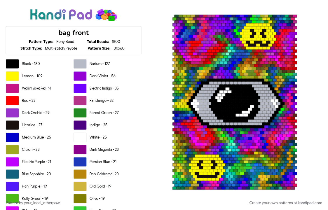 bag front - Pony Bead Pattern by your_local_otherpaw on Kandi Pad - bag, blue, colorful, commission, neon, panel, pink, rainbow, red, smiley, weirdcore, yellow