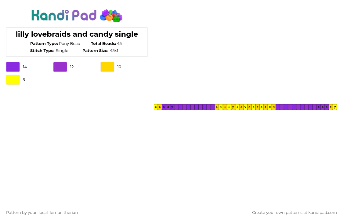 lilly lovebraids and candy single - Pony Bead Pattern by your_local_lemur_therian on Kandi Pad - purple,yellow,poppy playtime,lilly lovebraids,candy,c,chapter 5,lovebraids,lilly,single