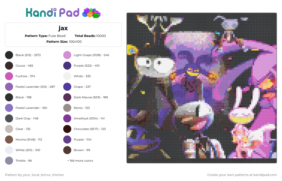 jax - Fuse Bead Pattern by your_local_lemur_therian on Kandi Pad - black,brown,purple,pink,beige,colorful,jax,tadc,fan girl,simp