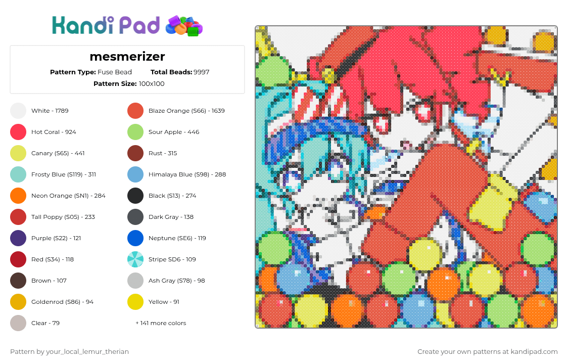 mesmerizer - Fuse Bead Pattern by your_local_lemur_therian on Kandi Pad - yellow,red,light blue,colorful,mesmerizer,hatsune miku,kasane teto,vocoloid,music,addicting,song