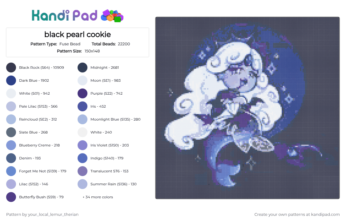black pearl cookie - Fuse Bead Pattern by your_local_lemur_therian on Kandi Pad - black pearl cookie,cookie,crk,cookie run kingdom,black pearl,siren,cool