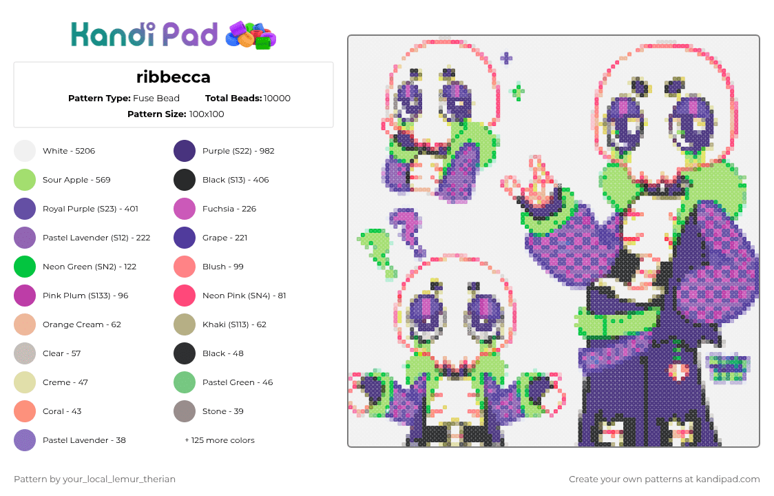 ribbecca - Fuse Bead Pattern by your_local_lemur_therian on Kandi Pad - white,pink,purple,green,colorful,dw,dandys world,ribbecca,halloween,event