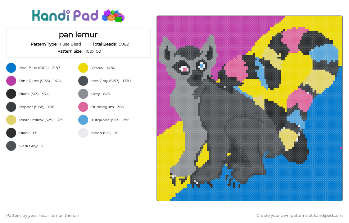 pan lemur - Fuse Bead Pattern by your_local_lemur_therian on Kandi Pad - yellow,pink,blue,purple