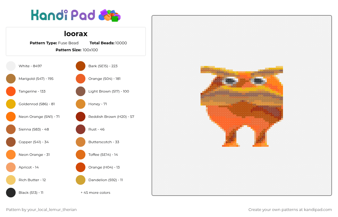 loorax - Fuse Bead Pattern by your_local_lemur_therian on Kandi Pad - white,orange,tan,red,lorax,let it die,ehh
