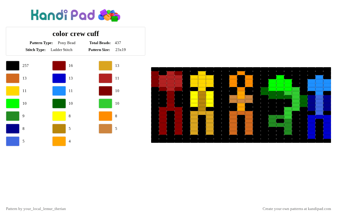 color crew cuff - Pony Bead Pattern by your_local_lemur_therian on Kandi Pad - black,yellow,green,purple,colorful,color crew,cuff,alan becker,red,blue,orange
