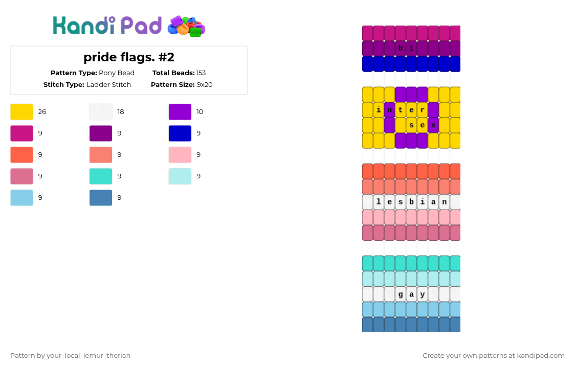 pride flags. #2 - Pony Bead Pattern by your_local_lemur_therian on Kandi Pad - pink,purple,yellow,light blue