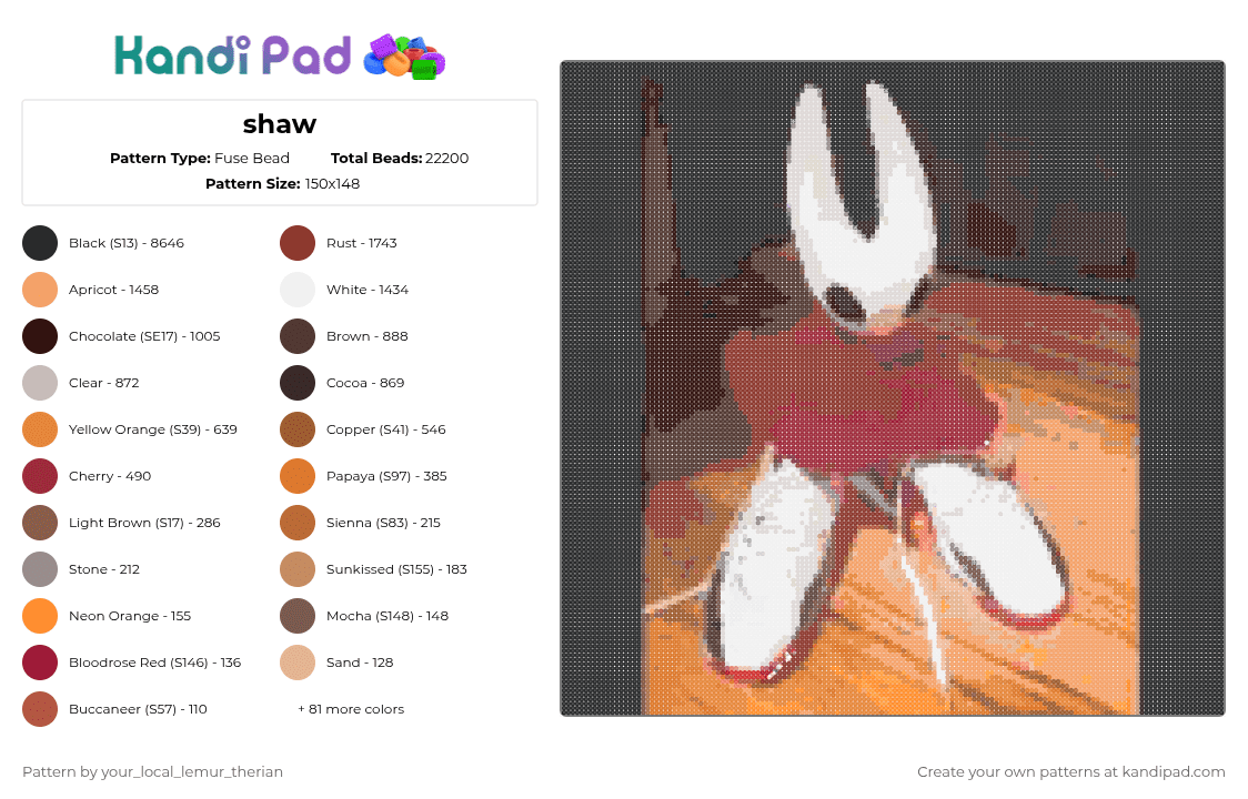 shaw - Fuse Bead Pattern by your_local_lemur_therian on Kandi Pad - brown,tan,orange,colorful,hornet hollowknight silksong