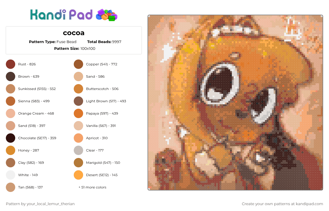 cocoa - Fuse Bead Pattern by your_local_lemur_therian on Kandi Pad - tan,beige,orange,brown,dw,cocoa,bunny,dandys world,easter,spring,cute,chocolate