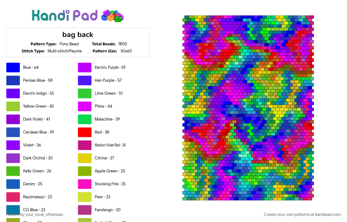 bag back - Pony Bead Pattern by deleted_user_743828 on Kandi Pad - bag, colorful, green, neon, panel, pink, purple, rainbow, red, weirdcore