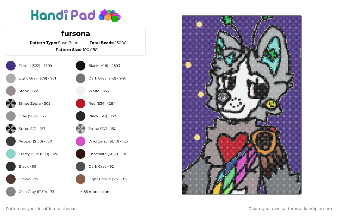 fursona - Fuse Bead Pattern by your_local_lemur_therian on Kandi Pad - purple,gray,furry,fursona,fox,marble fox,therian,midnight,cute