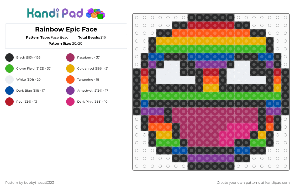 Rainbow Epic Face - Fuse Bead Pattern by bubbythecat0323 on Kandi Pad - pink,orange,green,emoji,epic face,rainbow,pride