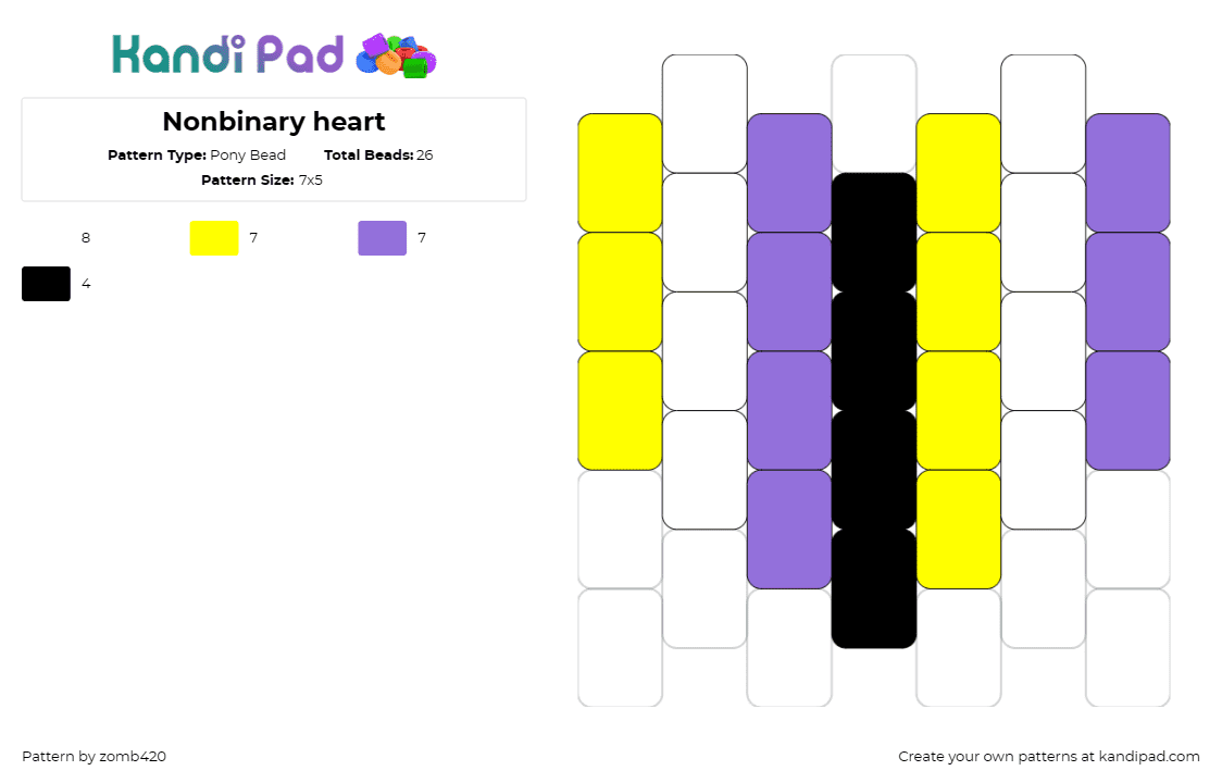 Nonbinary heart - Pony Bead Pattern by zomb420 on Kandi Pad - nonbinary,pride,heart,stripes,yellow,purple