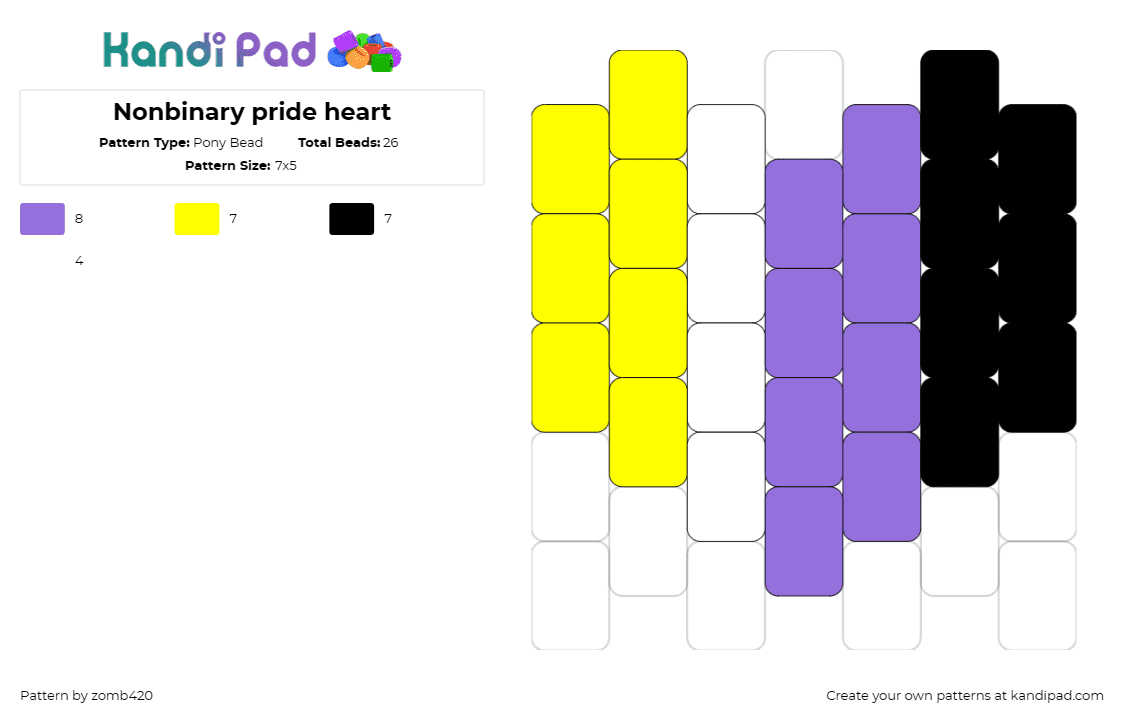 Nonbinary pride heart - Pony Bead Pattern by zomb420 on Kandi Pad - nonbinary,pride,heart,yellow,purple