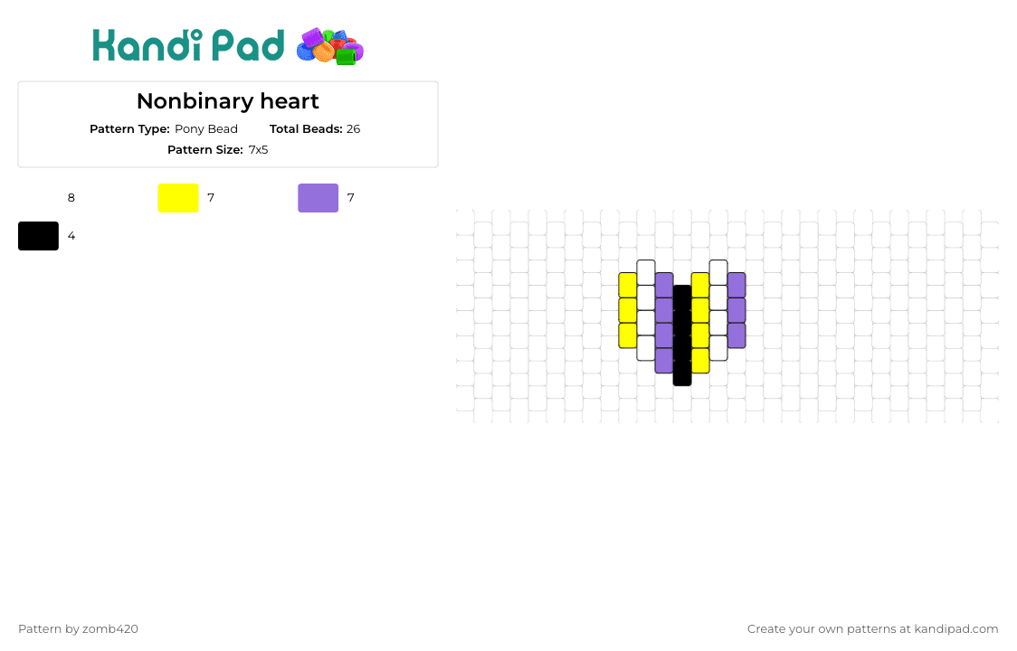 Nonbinary heart - Pony Bead Pattern by zomb420 on Kandi Pad - nonbinary,pride,heart,charm,stripes,yellow,purple