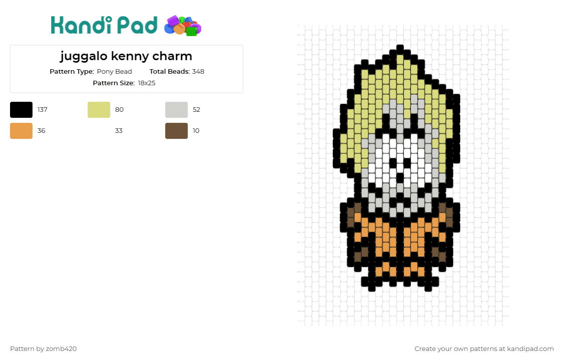 juggalo kenny charm - Pony Bead Pattern by zomb420 on Kandi Pad - kenny,south park,juggalo,icp,insane clown posse,animated flair,hooded figure,iconic,unique twist,black,white,yellow,orange