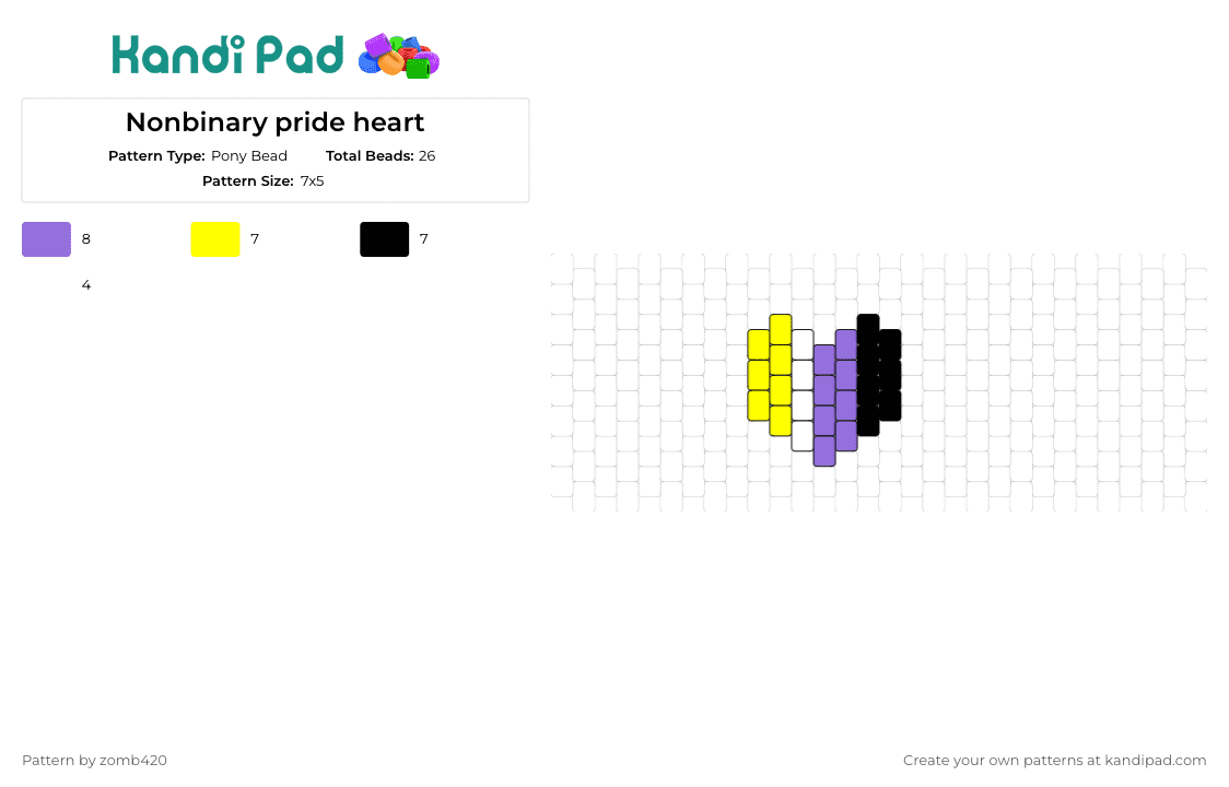 Nonbinary pride heart - Pony Bead Pattern by zomb420 on Kandi Pad - nonbinary,pride,heart,charm,yellow,purple