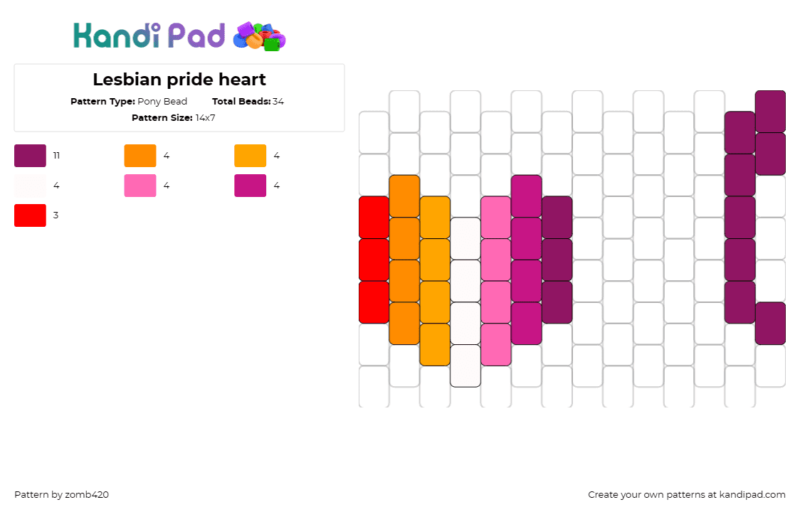 Lesbian pride heart - Pony Bead Pattern by zomb420 on Kandi Pad - lesbian,pride,heart,pink,orange