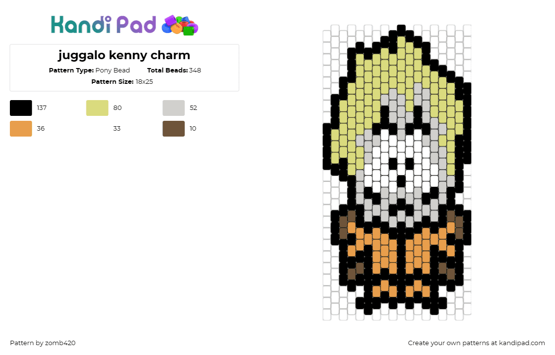 juggalo kenny charm - Pony Bead Pattern by zomb420 on Kandi Pad - kenny,south park,juggalo,icp,insane clown posse,animated flair,hooded figure,uni