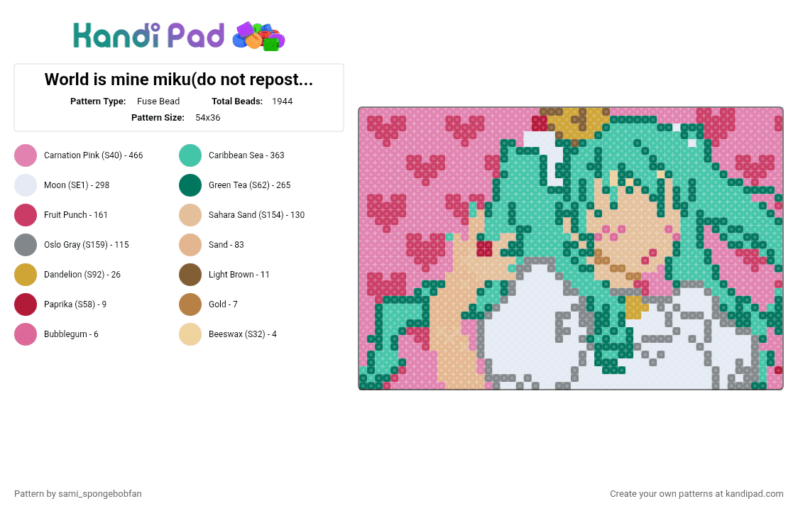 World is mine miku(do not repost and if you do credit me) - Fuse Bead Pattern by sami_spongebobfan on Kandi Pad - beige, pink, teal