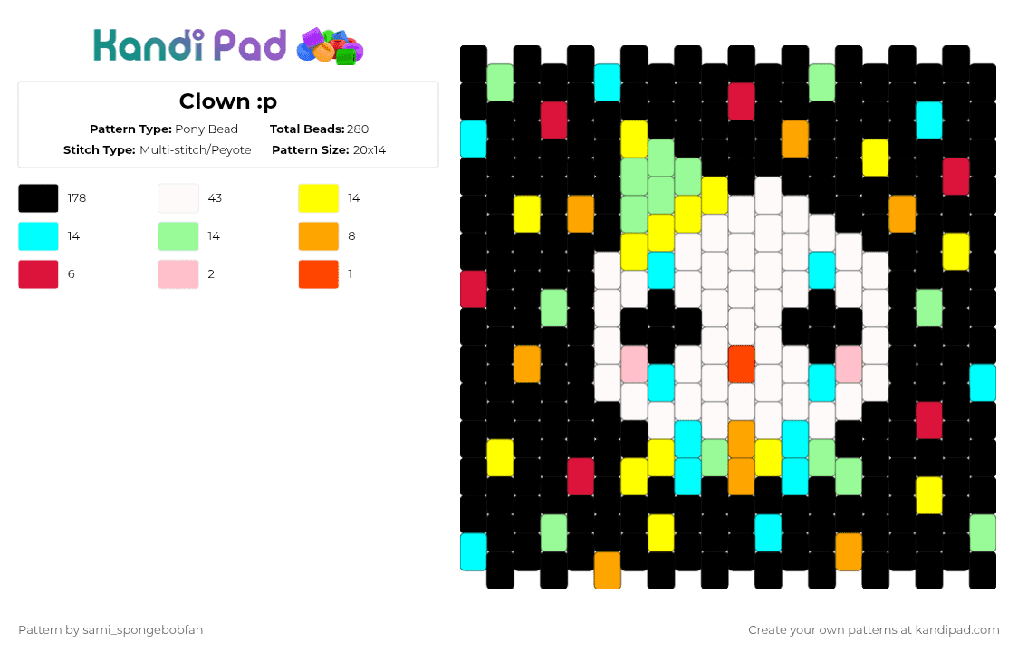 Clown :p - Pony Bead Pattern by sami_spongebobfan on Kandi Pad - black,white,yellow,light blue,teal,colorful,cotdaprilfoolsday2026,clown