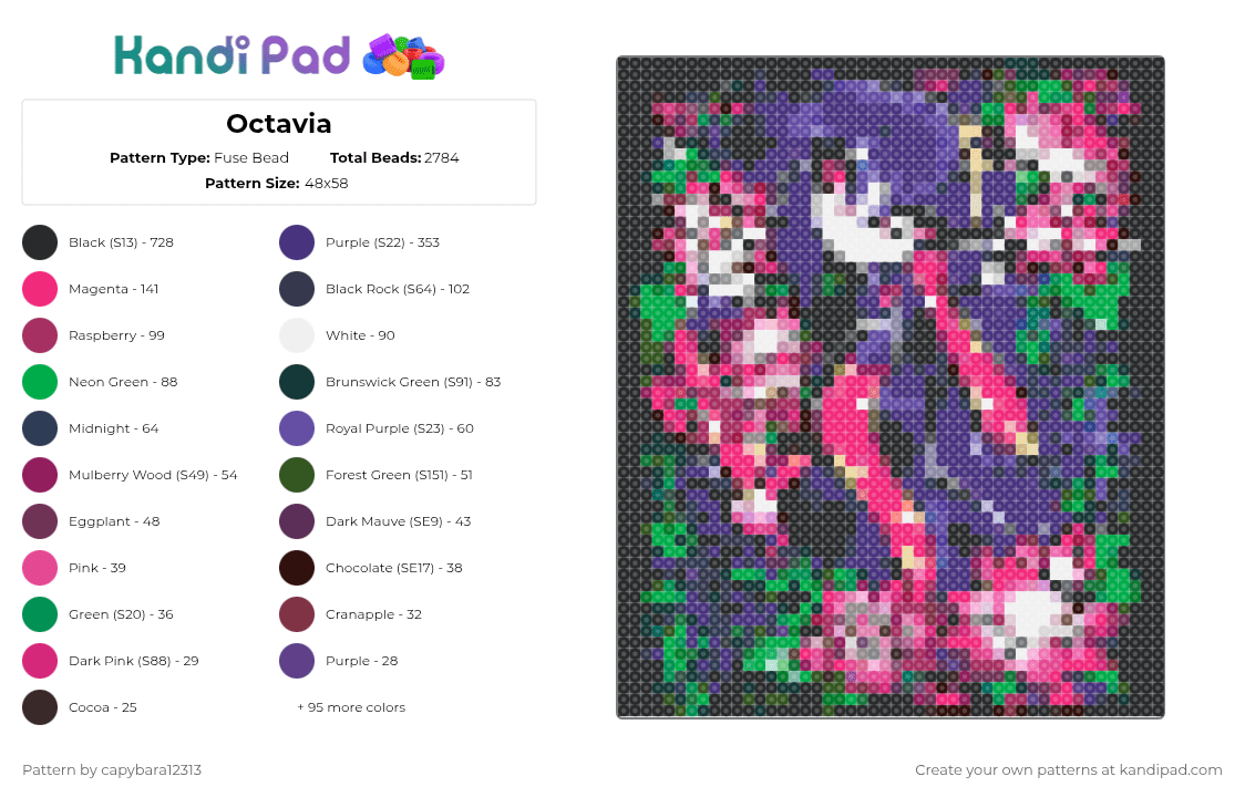 Octavia - Fuse Bead Pattern by capybara12313 on Kandi Pad - purple,pink,gray,green