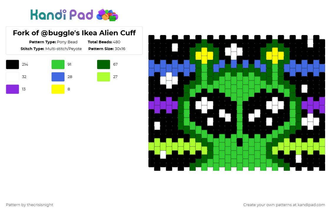 Fork of @buggle\'s Ikea Alien Cuff - Pony Bead Pattern by thecrisisnight on Kandi Pad - green