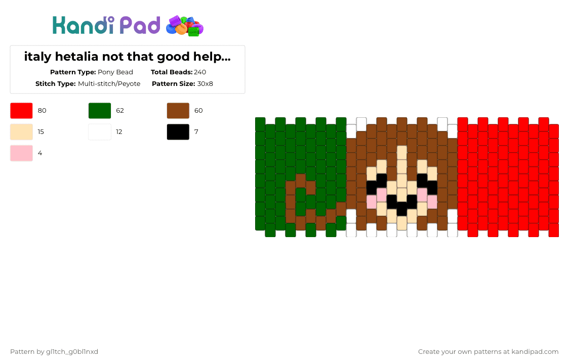 italy hetalia not that good help lolz - Pony Bead Pattern by gl1tch_g0bl1nxd on Kandi Pad - green,red,hetalia,italy,lowonbeads