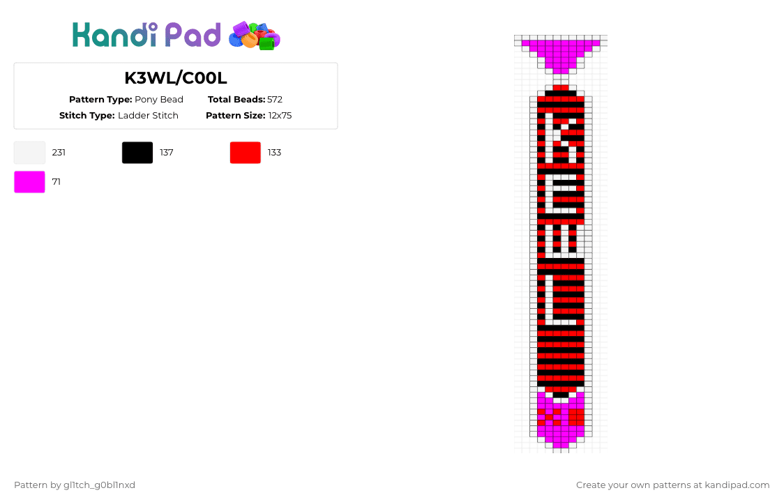 K3WL/C00L - Pony Bead Pattern by gl1tch_g0bl1nxd on Kandi Pad - pink,red,tie,scene,kewl,leetspeak